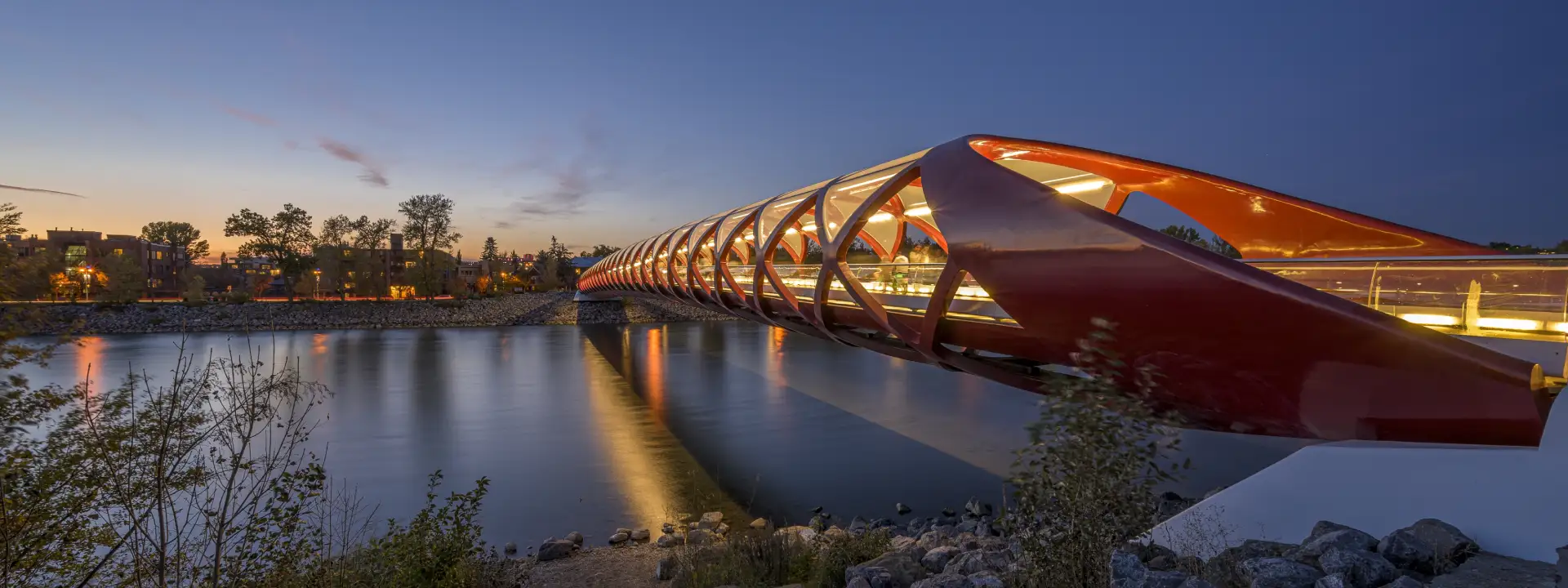 The Peace Bridge over the Bow River in Calgary at dusk
